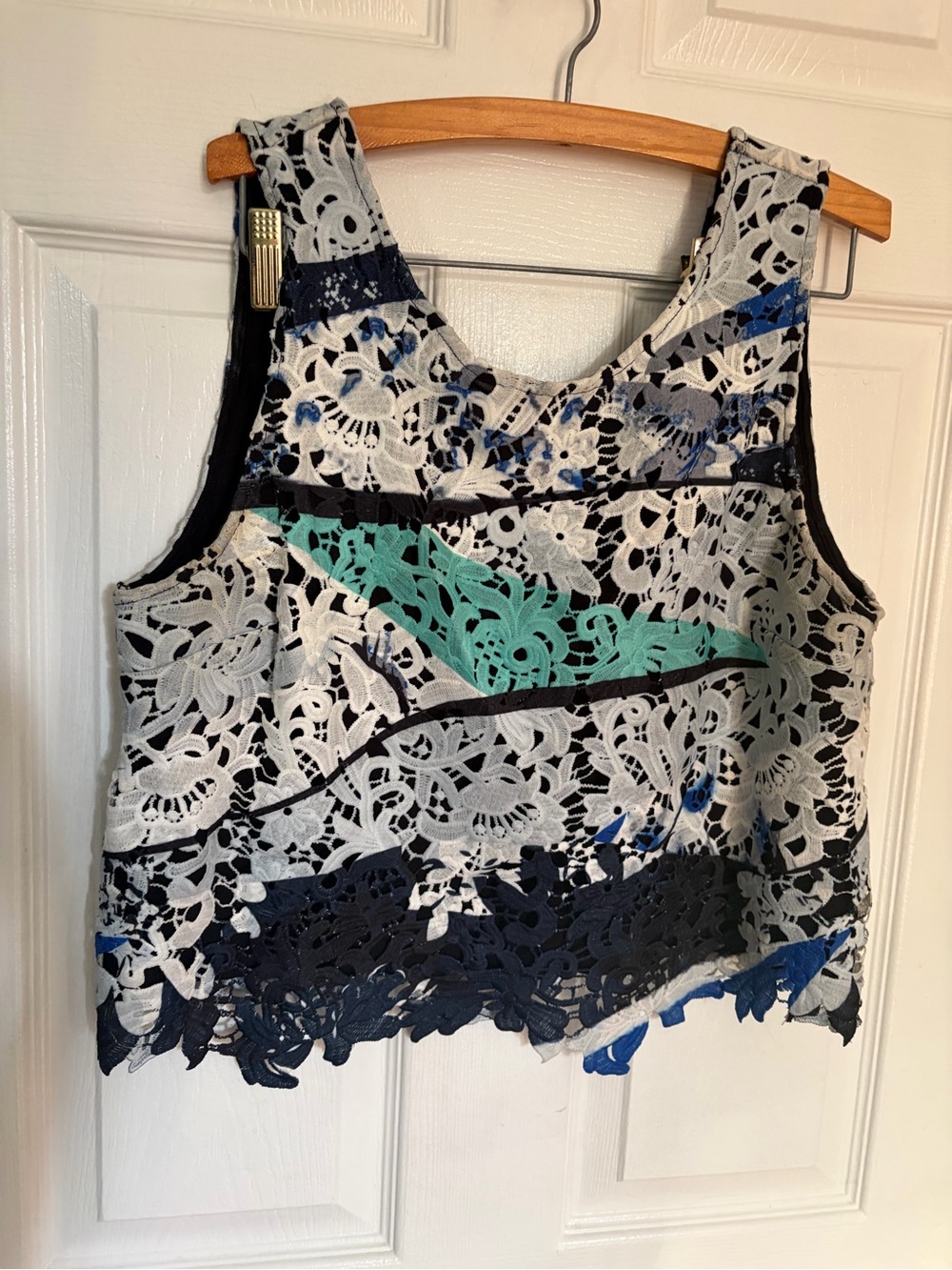 Bar III White Lace Top and Skirt with Black and Teal Accents